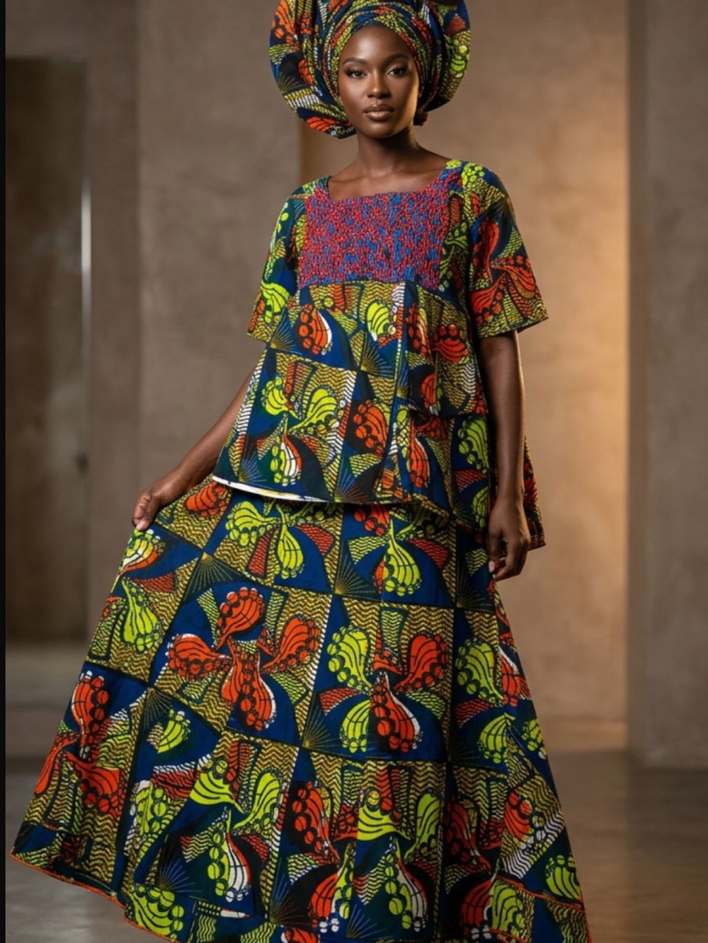 Bold Multicolor Ankara A-Line Maxi Skirt/Top - Vibrant Blue, Orange & Green